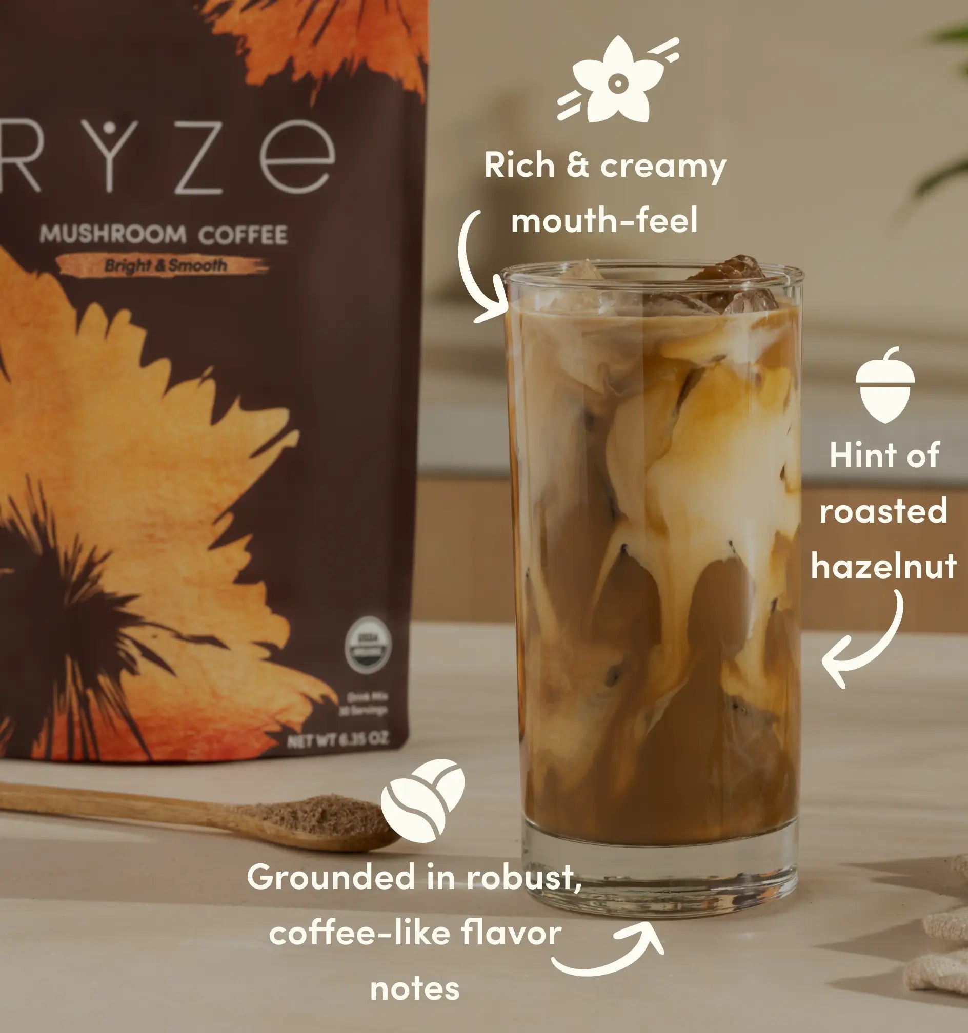 RYZE mushroom coffee and creamy drink